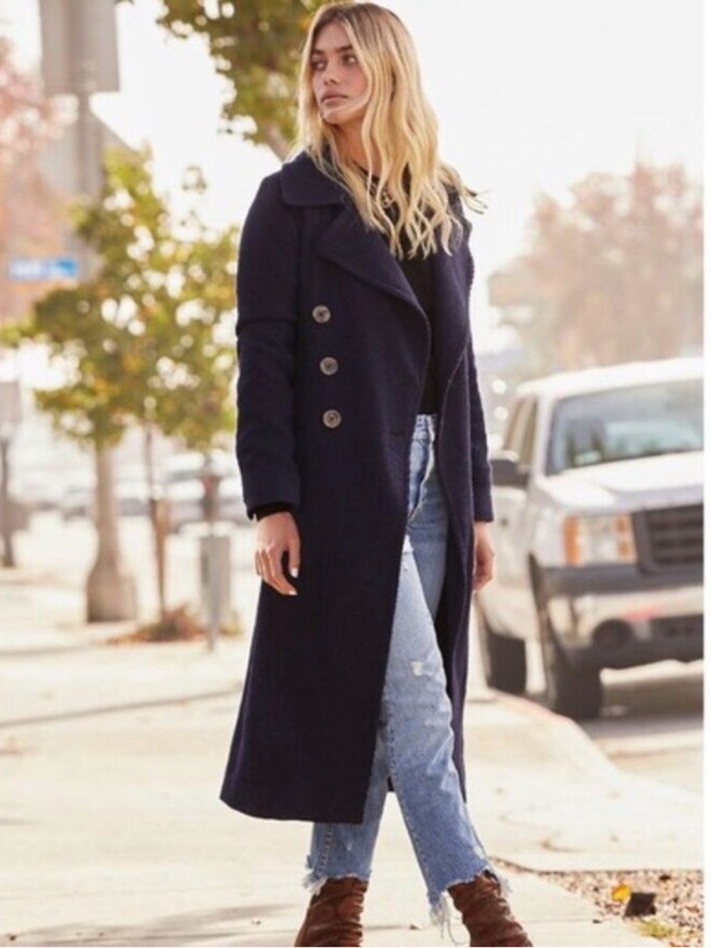 Free People Navy Double Breasted Long Coat XS
